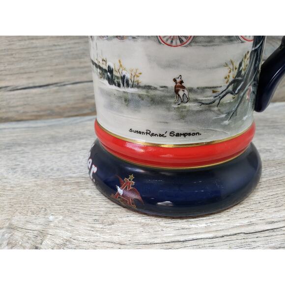 1990 Budweiser Stein Clydesdales Horses Holiday Beer Dark Blue Trim - Picture 3 of 9